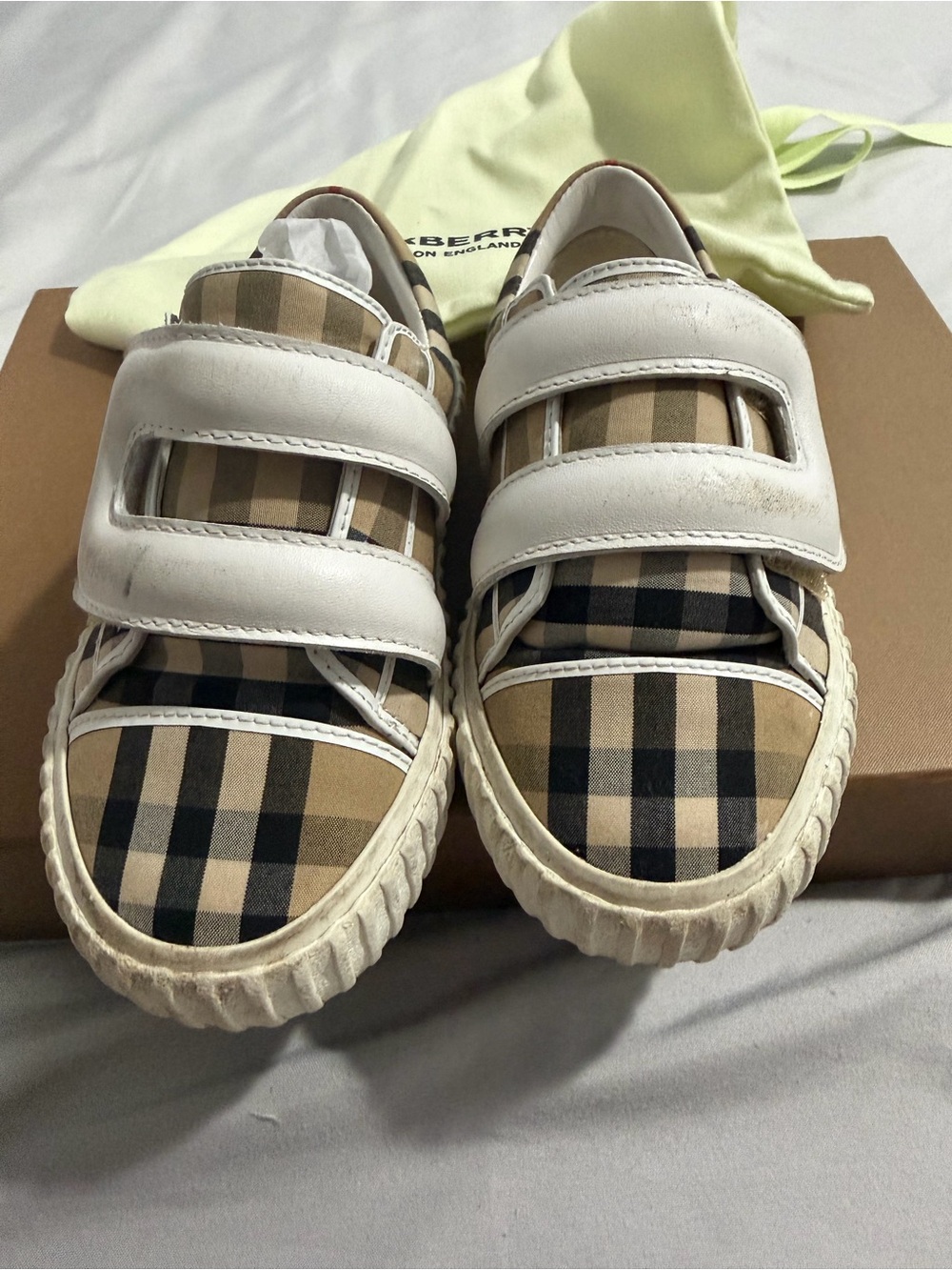 Burberry Check Plaid Velcro Sneakers - White and Beige AUTHENTIC